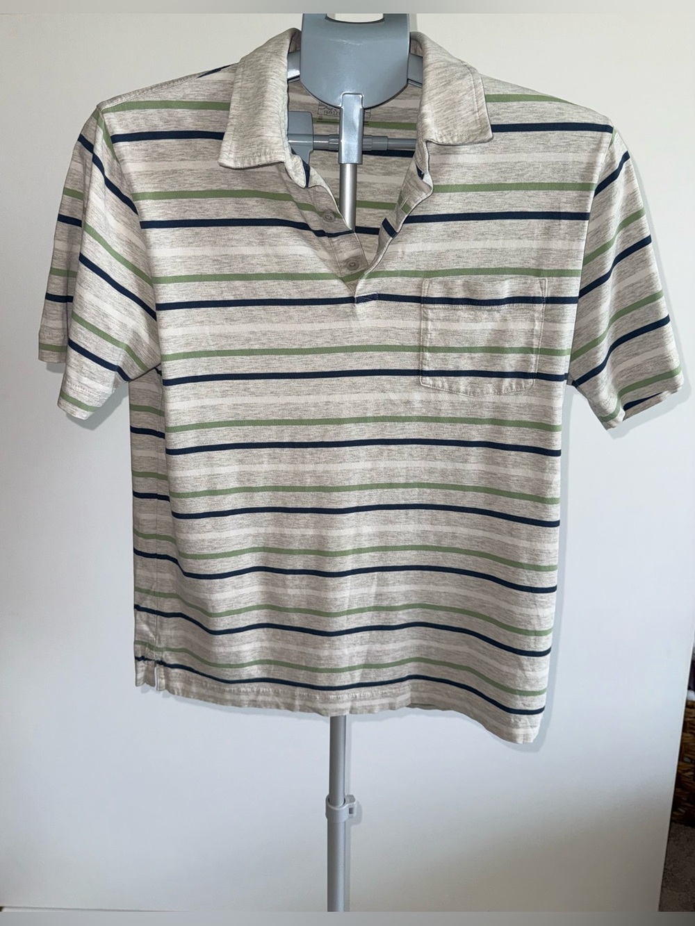 Patagonia Squeaky Clean Polo Men's Small Gray Green Navy Stripe Organic Cotton